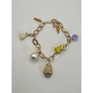 Gold Tone Easter Charm Bracelet – Bunny, Basket, Carrot & Faux Pearl Charms